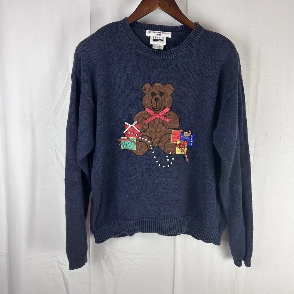 Vtg‎ Christmas Sampler Ugly Christmas Sweater Women's XL 1994 Bear Presents